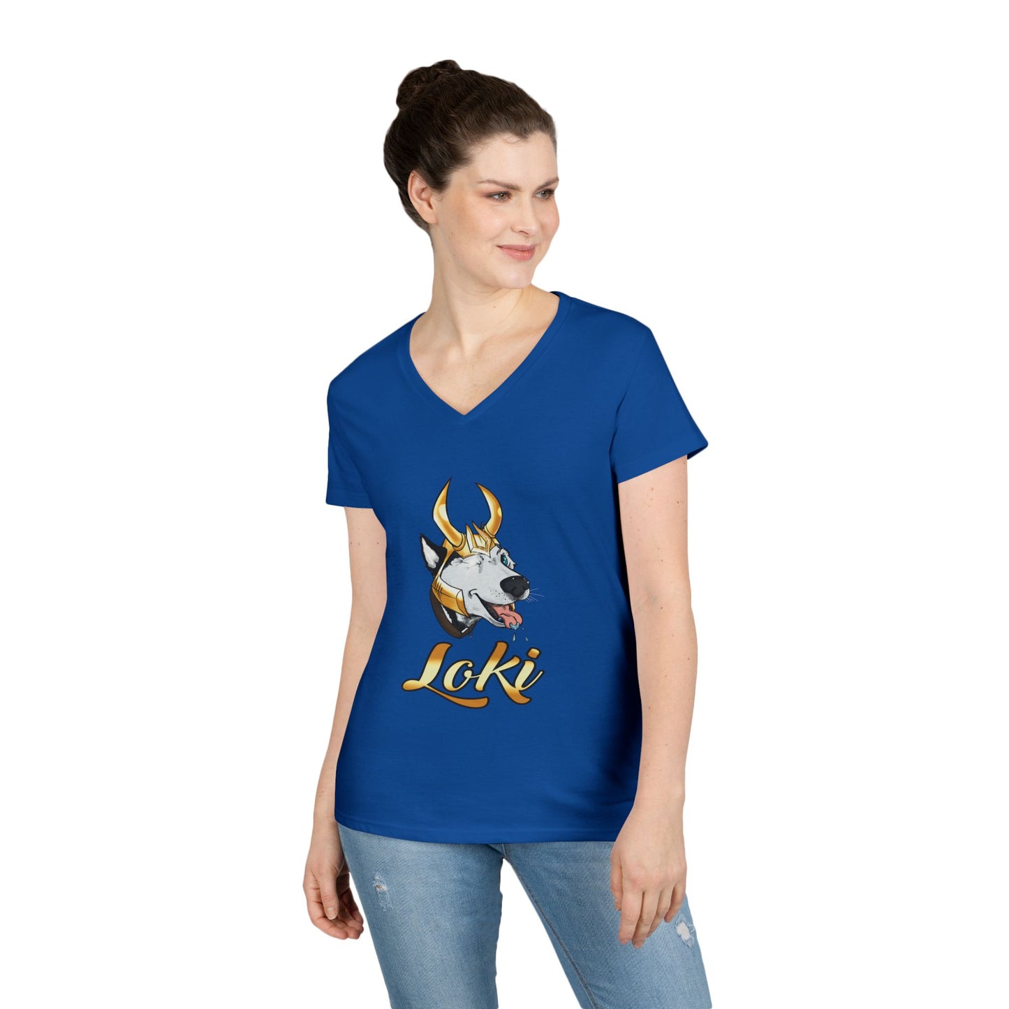 Loki Graphic V-Neck T-Shirt - Fun Casual Wear, Perfect for Dog Lovers, Birthday Gift, Everyday Style, Anime-Inspired Apparel